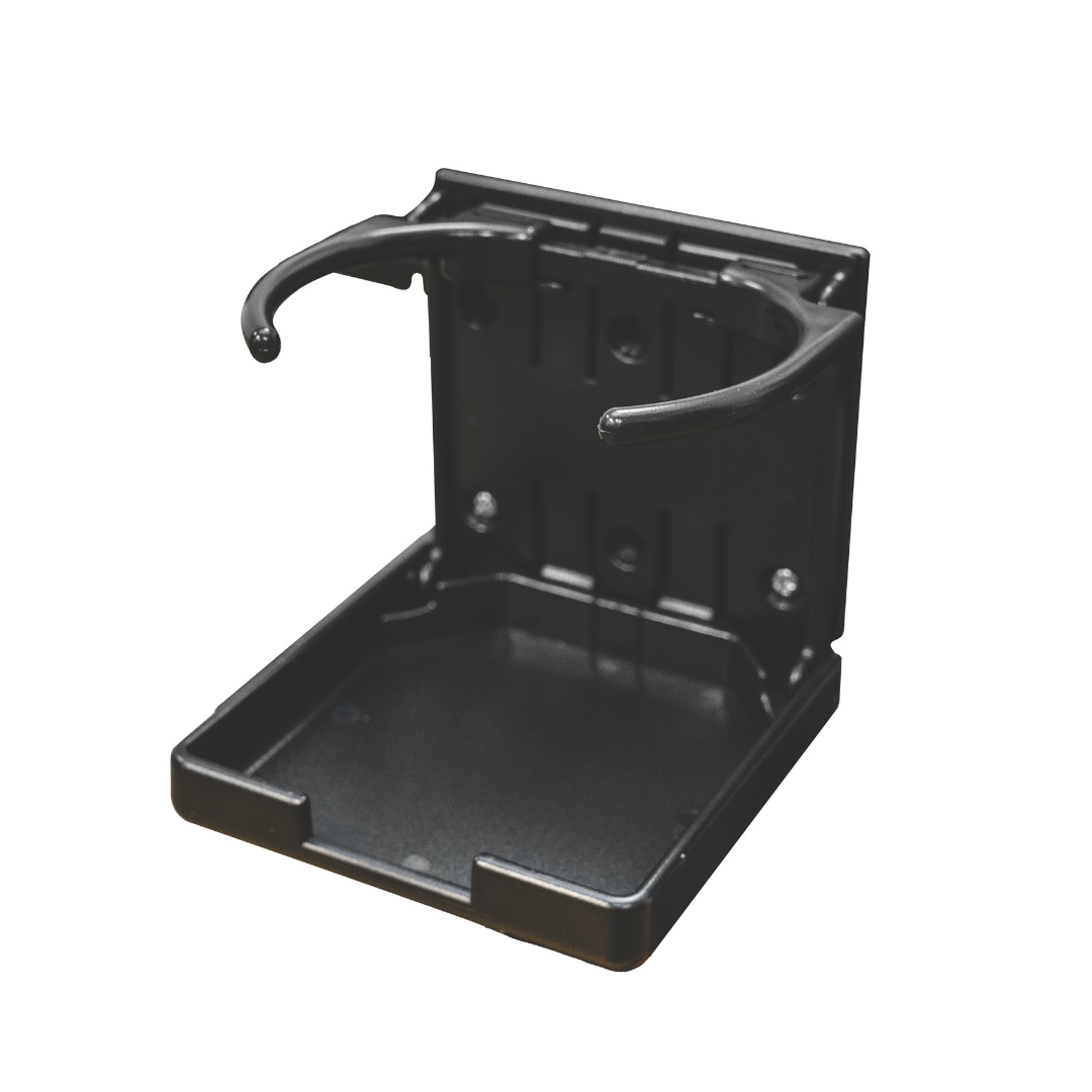A black wall-mounted Pride Mobility Scooter Cup Holder with two curved hooks and a rectangular base secures your drink against any flat surface. The background is white.